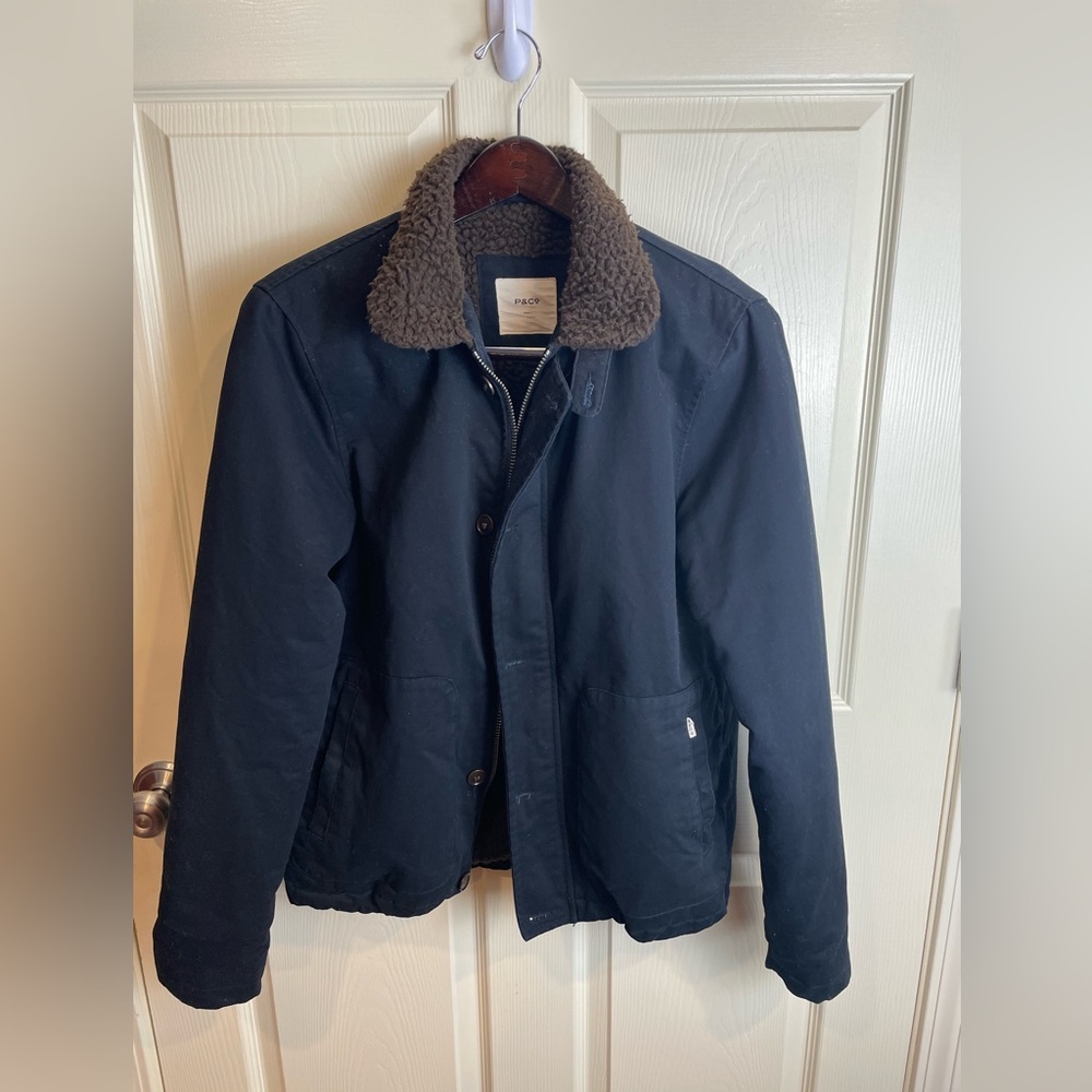 P&Co Men's Black Cotton Jacket with Brown Sherpa Lining